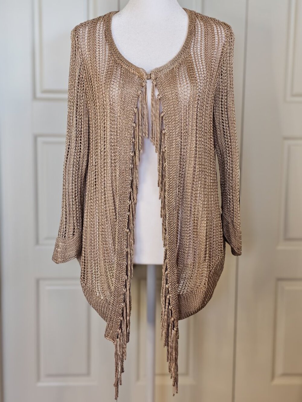 Fringe Open Knit Cardigan Chico's 1 Taupe Boho Lagenlook Fitted Sleeve Drape - Picture 2 of 11